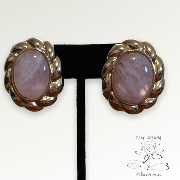 Vintage Rose Quartz Gold Tone Oval Clip On Non Pierced Earrings - Picture 4 of 10